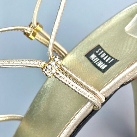 Stuart Weitzman Gold Strappy Heeled Sandals with Rhinestone Details US 9 - Picture 9 of 13